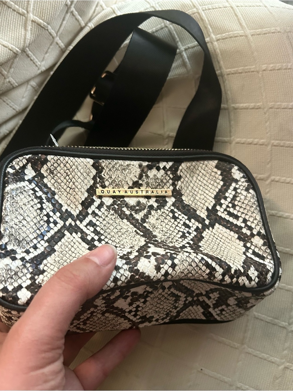 Quay Australia Snake-Print Crossbody Bag in Beige and Black